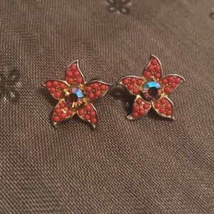 Vintage Orange Floral Rhinestone Clip On Earrings